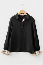 Load image into Gallery viewer, Black Contrast Leopard Print Patchwork Polo Collar Buttons Front Ruffled Long Sleeve Blouse