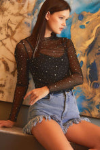Load image into Gallery viewer, Black Rhinestone Sheer Mesh Slim Fit Long Sleeve Top