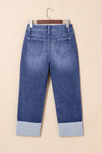 Load image into Gallery viewer, Real Teal Folded Cuffs Distressed Straight High Waist Jeans