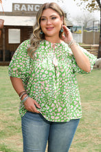 Load image into Gallery viewer, Green Plus Size Floral Tassel Tie Split Neck Puff Sleeve Blouse