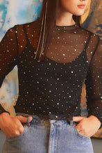 Load image into Gallery viewer, Black Rhinestone Sheer Mesh Slim Fit Long Sleeve Top