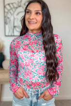 Load image into Gallery viewer, Pink Slim Fit Floral Mesh Long Sleeve Mock Neck Top