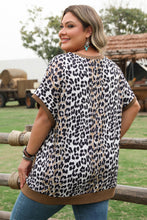 Load image into Gallery viewer, Khaki Leopard Contrast Trim Short Sleeve Loose Plus Size Top