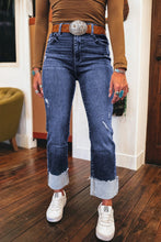 Load image into Gallery viewer, Real Teal Folded Cuffs Distressed Straight High Waist Jeans