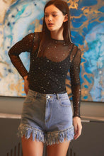 Load image into Gallery viewer, Black Rhinestone Sheer Mesh Slim Fit Long Sleeve Top