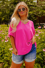 Load image into Gallery viewer, Bright Pink Seamed Back High Low Hem V Neck Cuffed Sleeve Plus Size Tee