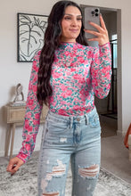 Load image into Gallery viewer, Pink Slim Fit Floral Mesh Long Sleeve Mock Neck Top