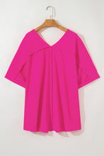 Load image into Gallery viewer, Bright Pink Seamed Back High Low Hem V Neck Cuffed Sleeve Plus Size Tee