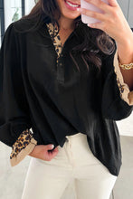 Load image into Gallery viewer, Black Contrast Leopard Print Patchwork Polo Collar Buttons Front Ruffled Long Sleeve Blouse