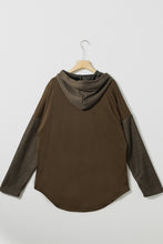 Load image into Gallery viewer, Dark Brown Button Up Contrast Knitted Sleeves Hooded Jacket