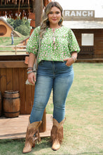 Load image into Gallery viewer, Green Plus Size Floral Tassel Tie Split Neck Puff Sleeve Blouse