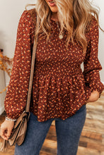 Load image into Gallery viewer, Boho Floral Smocked Bust Ruffled Peplum Blouse