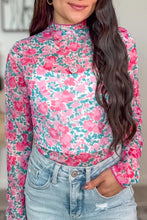 Load image into Gallery viewer, Pink Slim Fit Floral Mesh Long Sleeve Mock Neck Top