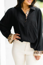 Load image into Gallery viewer, Black Contrast Leopard Print Patchwork Polo Collar Buttons Front Ruffled Long Sleeve Blouse