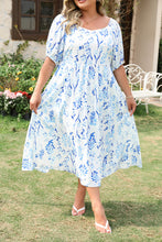 Load image into Gallery viewer, Sky Blue Floral Print Sweetheart Neck Plus Size Midi Dress