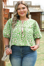 Load image into Gallery viewer, Green Plus Size Floral Tassel Tie Split Neck Puff Sleeve Blouse