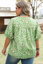 Load image into Gallery viewer, Green Plus Size Floral Tassel Tie Split Neck Puff Sleeve Blouse