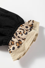 Load image into Gallery viewer, Black Contrast Leopard Print Patchwork Polo Collar Buttons Front Ruffled Long Sleeve Blouse