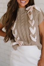 Load image into Gallery viewer, Simply Taupe Cable Knit Colorblock Satin Bowknot Short Sleeve Sweater