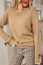 Load image into Gallery viewer, Tan Leopard Bow Decor Split Cuff Contrast Trim Sweater