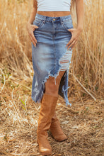 Load image into Gallery viewer, Dearlove Myosotis Irregular Distressed Bottom Denim Midi Skirt