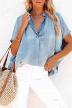 Load image into Gallery viewer, Sky Blue Split V Neck Oversized Denim Blouse