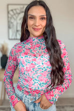 Load image into Gallery viewer, Pink Slim Fit Floral Mesh Long Sleeve Mock Neck Top