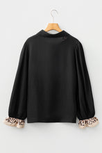 Load image into Gallery viewer, Black Contrast Leopard Print Patchwork Polo Collar Buttons Front Ruffled Long Sleeve Blouse