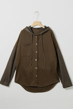 Load image into Gallery viewer, Dark Brown Button Up Contrast Knitted Sleeves Hooded Jacket
