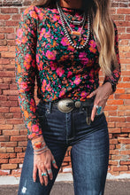 Load image into Gallery viewer, Rose Slim Fit Floral Mesh Long Sleeve Mock Neck Top
