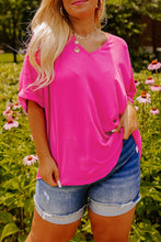 Load image into Gallery viewer, Bright Pink Seamed Back High Low Hem V Neck Cuffed Sleeve Plus Size Tee
