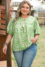 Load image into Gallery viewer, Green Plus Size Floral Tassel Tie Split Neck Puff Sleeve Blouse
