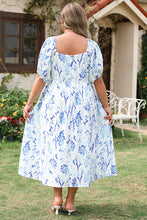 Load image into Gallery viewer, Sky Blue Floral Print Sweetheart Neck Plus Size Midi Dress
