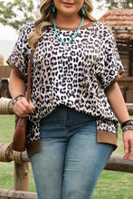 Load image into Gallery viewer, Khaki Leopard Contrast Trim Short Sleeve Loose Plus Size Top

