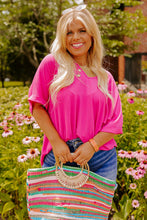 Load image into Gallery viewer, Bright Pink Seamed Back High Low Hem V Neck Cuffed Sleeve Plus Size Tee
