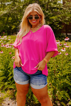 Load image into Gallery viewer, Bright Pink Seamed Back High Low Hem V Neck Cuffed Sleeve Plus Size Tee

