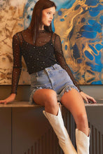 Load image into Gallery viewer, Black Rhinestone Sheer Mesh Slim Fit Long Sleeve Top
