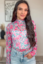 Load image into Gallery viewer, Pink Slim Fit Floral Mesh Long Sleeve Mock Neck Top
