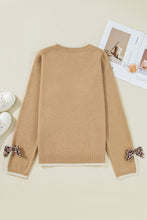 Load image into Gallery viewer, Tan Leopard Bow Decor Split Cuff Contrast Trim Sweater
