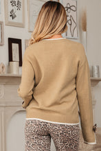Load image into Gallery viewer, Tan Leopard Bow Decor Split Cuff Contrast Trim Sweater
