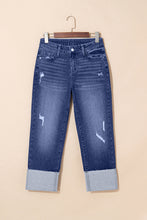 Load image into Gallery viewer, Real Teal Folded Cuffs Distressed Straight High Waist Jeans
