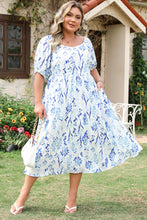 Load image into Gallery viewer, Sky Blue Floral Print Sweetheart Neck Plus Size Midi Dress
