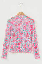 Load image into Gallery viewer, Pink Slim Fit Floral Mesh Long Sleeve Mock Neck Top
