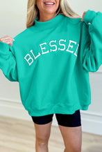 Load image into Gallery viewer, Sea Green Oversize Blessed Embroidered Mock Neck Sweatshirt
