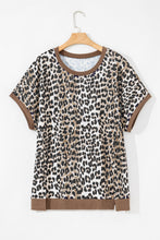 Load image into Gallery viewer, Khaki Leopard Contrast Trim Short Sleeve Loose Plus Size Top

