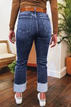 Load image into Gallery viewer, Real Teal Folded Cuffs Distressed Straight High Waist Jeans
