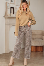 Load image into Gallery viewer, Tan Leopard Bow Decor Split Cuff Contrast Trim Sweater
