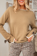 Load image into Gallery viewer, Tan Leopard Bow Decor Split Cuff Contrast Trim Sweater
