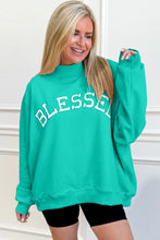 Load image into Gallery viewer, Sea Green Oversize Blessed Embroidered Mock Neck Sweatshirt
