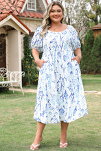 Load image into Gallery viewer, Sky Blue Floral Print Sweetheart Neck Plus Size Midi Dress
